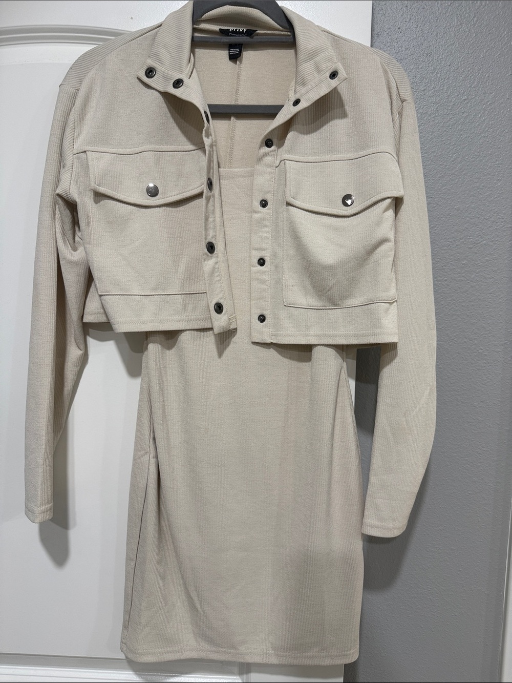 privy Neutral Knit Jacket & Dress Set